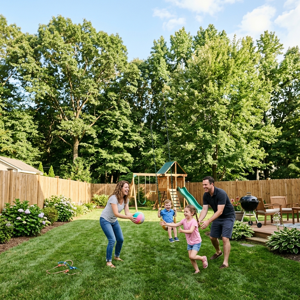 Family playing safely in backyard