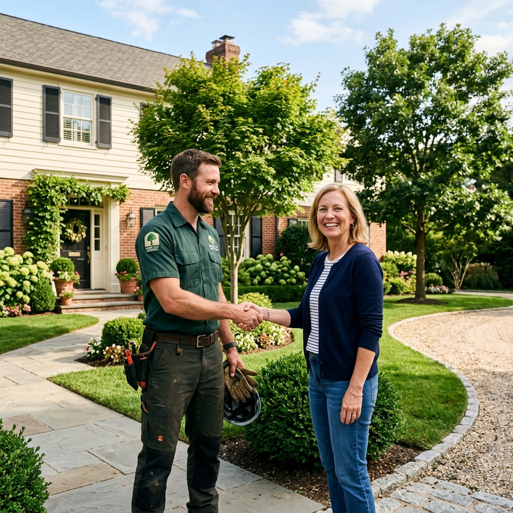 Happy homeowner with Klober's tree expert